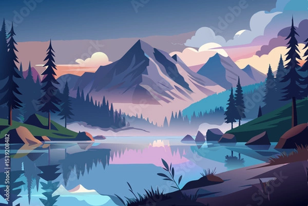 Fototapeta Scenic winter mountain landscape with a reflective lake under a snowy sky