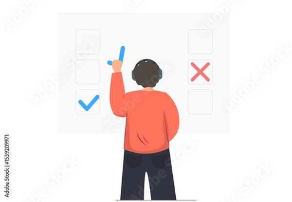 Fototapeta Person filing control list, questionaries, checklist with positive or negative marks, to do list or agreement, education concept, filling questionary concept, flat vector illustration