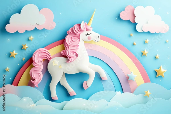 Obraz Colorful unicorn illustration with rainbow and clouds in a whimsical fantasy setting