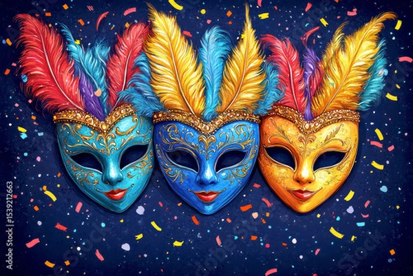 Obraz Colorful decorative masks with feathers and intricate designs for festive celebrations and events
