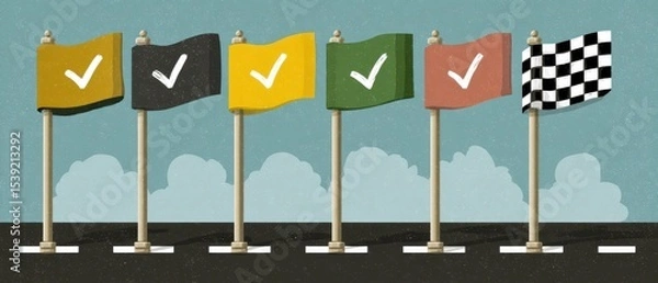 Obraz Goal Milestone Six colorful flags with check marks, symbolizing progress or achievement against a textured blue background.