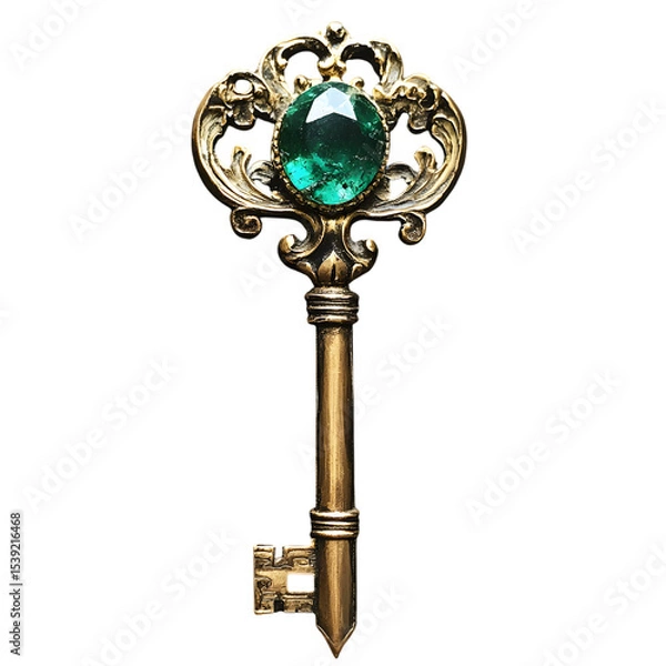 Fototapeta Ornate Vintage Gold Skeleton Key with Intricate Baroque Details and a Large Emerald Gemstone at the Head