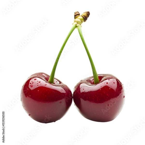 Fototapeta Pair of Fresh Red Cherries with Glossy Surface and Water Droplets Touching Stems for Natural Food Design and Summer Concepts