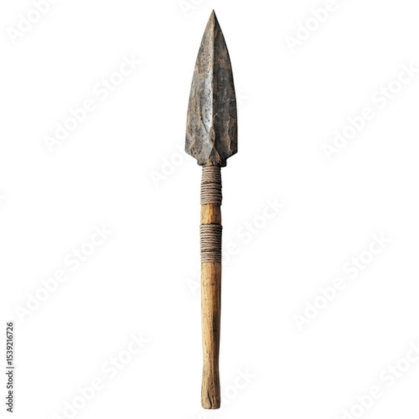 Fototapeta Primitive Survival Spear with Stone Tip and Wooden Shaft Wrapped in Twine Realistic Prehistoric Weapon