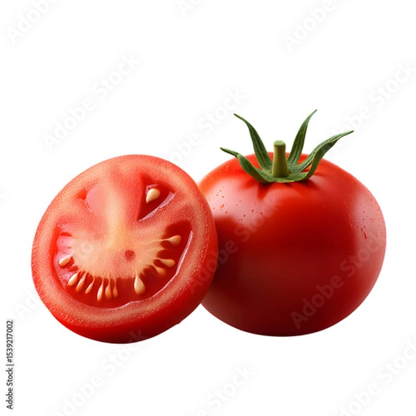 Fototapeta Realistic Juicy Tomato with Fresh Cut Half Showing Seeds and Moist Texture on Dark Surface