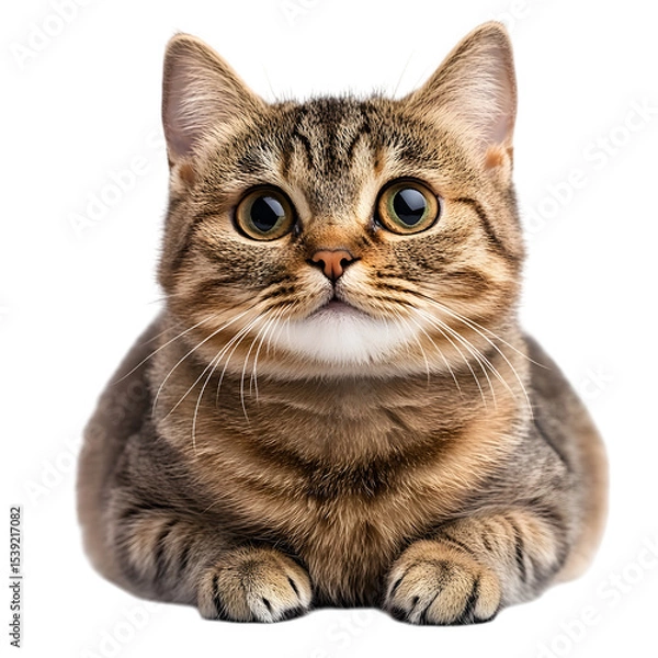 Fototapeta Realistic Tabby Cat with Big Round Eyes and Adorable Paw Pose Looking Curiously Straight Ahead in High Detail