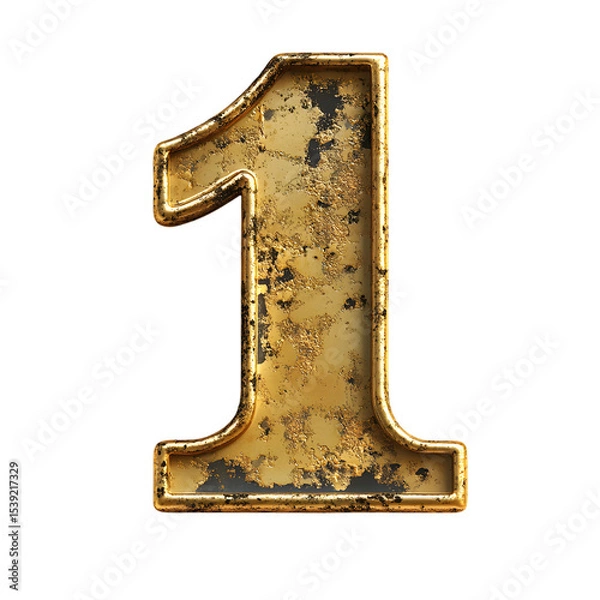 Fototapeta Rustic Gold Number One with Weathered Metallic Texture and Shadowed Depth Effect Ideal for Vintage Design Concepts
