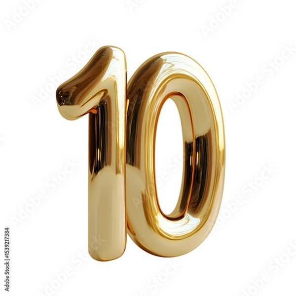 Fototapeta Shiny 3D Golden Number Ten with Smooth Reflections and Bold Rounded Style for Celebration or Anniversary Themes