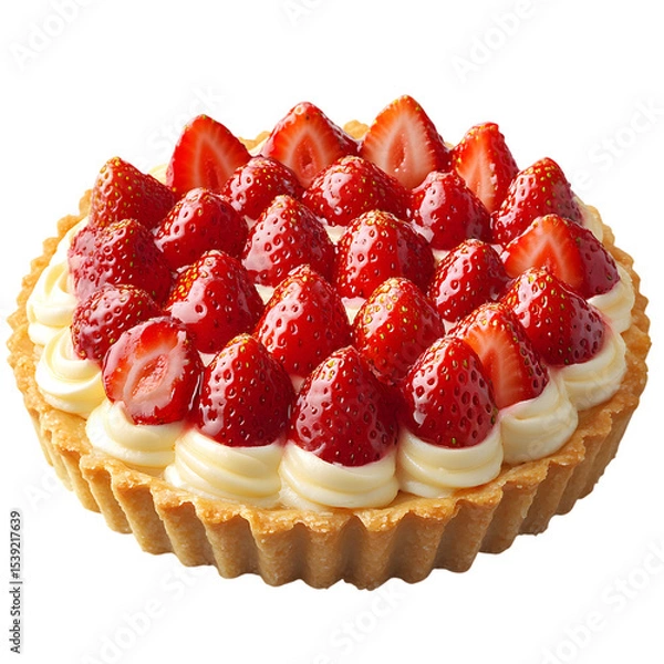 Fototapeta Strawberry Tart with Custard Cream on Buttery Shortcrust Pastry Topped with Glazed Fresh Strawberries