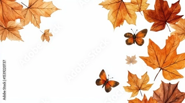 Obraz Watercolor autumn leaves and butterflies border on white background with seasonal fall theme


