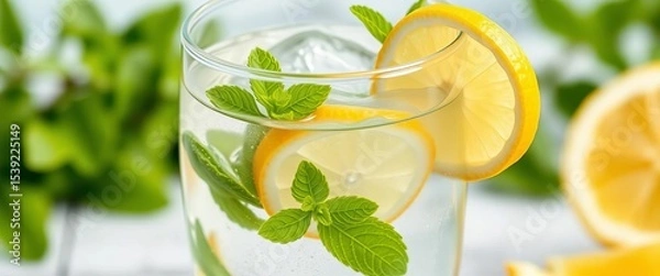 Fototapeta Refreshing lemon mint infused water in a glass, close-up, cubes, macro