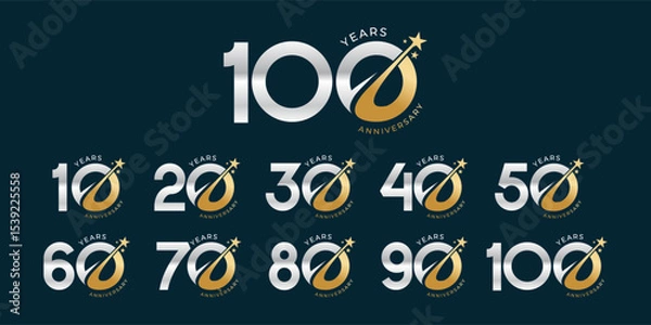 Obraz Set of modern vector logo designs for 10th to 100th anniversary with stars, in gold color for celebrations, weddings and birthdays