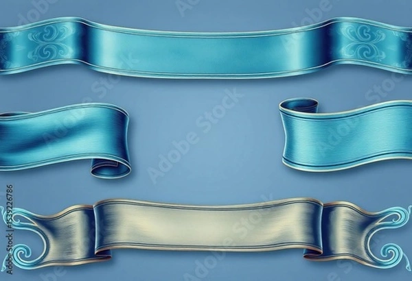 Fototapeta Set of vintage light and dark blue ribbons, intricate details, vector illustrations, classic, blue ribbon