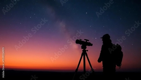 Fototapeta Silhouette of observer using telescope under a twilight sky filled with stars, astronomy,  optical instrument