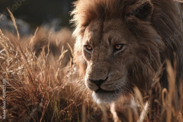 Fototapeta Lion Portrait: Close-up of a majestic lion's face amidst tall grass, capturing the animal's strength and beauty in its natural habitat.