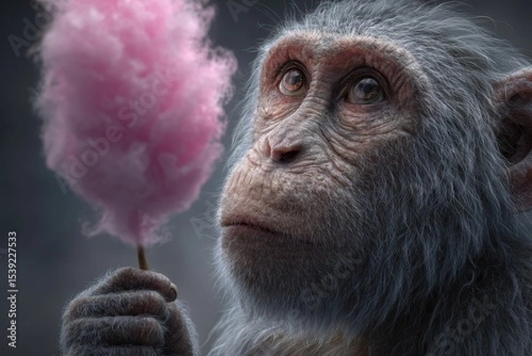 Fototapeta A contemplative primate holds a delicate pink treat. The animal stares dreamily, lost in thought or perhaps anticipating a sweet taste.