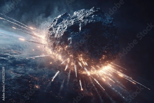 Fototapeta Large asteroid plummets towards Earth, creating fire trails as it enters the atmosphere. Threatening impact on the planet below.