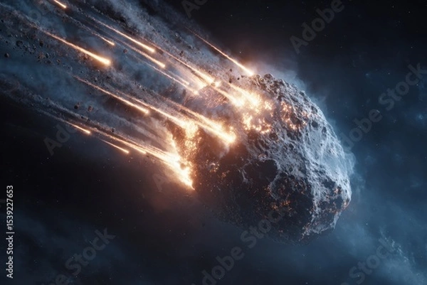 Fototapeta A colossal asteroid blazing through the atmosphere, leaving a trail of fire and destruction, impacting the celestial landscape.