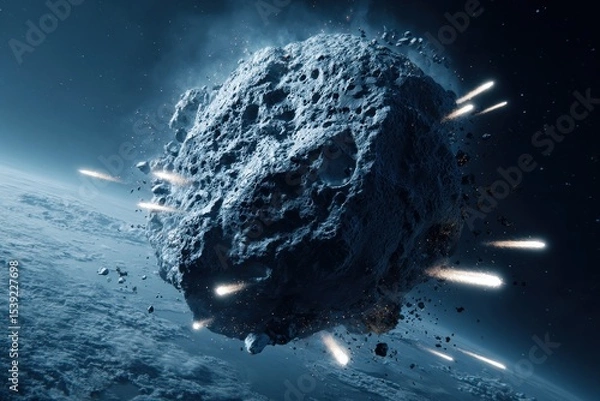 Fototapeta Asteroid hurtling through space towards Earth with glowing trails of debris entering the atmosphere, creating a dramatic spectacle.