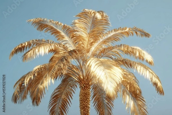 Fototapeta Golden palm tree against a soft blue backdrop. A tropical fantasy with warm metallic shine in a summery setting. 