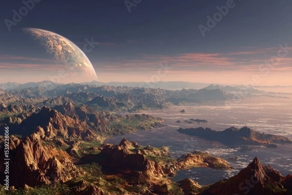 Fototapeta Spectacular view of a distant planet rising above a rugged alien landscape featuring mountains, valleys, and water bodies under a hazy sky.