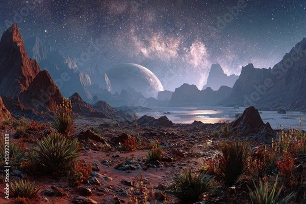 Fototapeta Desert planet landscape with jagged mountains under a starry sky and a large distant planet; a stunning alien vista.