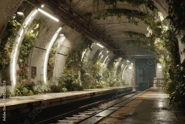 Fototapeta Overgrown subway: Abandoned station overtaken by nature, showcasing plants on the platform and walls of the underground transit hub.