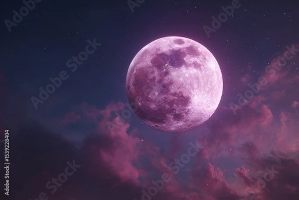 Fototapeta A dreamy full moon casts a soft, ethereal glow across the night sky, painted with wisps of magenta clouds and scattered stars.