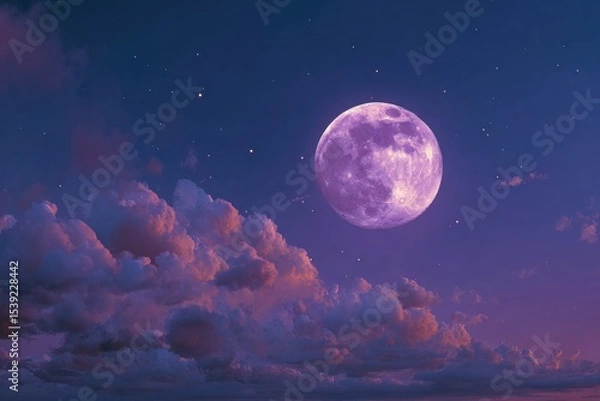 Fototapeta A vibrant moon shines brightly in a night sky filled with stars and dreamy clouds. The scene evokes peace and wonder with its beauty.
