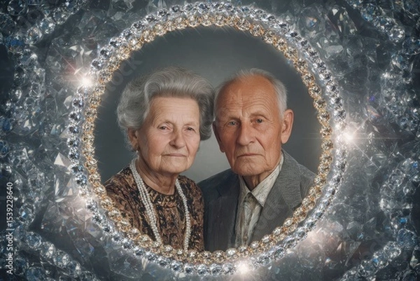 Fototapeta Elderly couple portrait framed by diamonds, their enduring love sparkling through time, a timeless image of connection and devotion.
