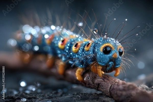 Fototapeta Dew-kissed caterpillar with striking blue, orange, and black markings, captured in a macro shot on a twig, creating a mesmerizing image.