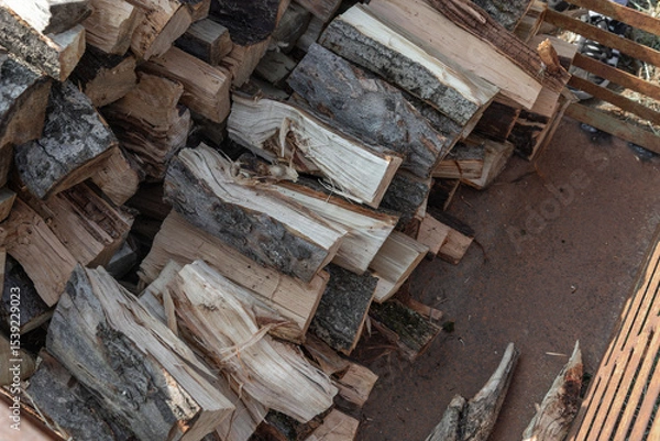 Obraz Stacked firewood logs drying in preparation for winter, offering sustainable energy and warmth for cozy days. Perfectly arranged, these logs provide an eco friendly fuel source for heating