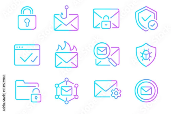 Obraz Neon cybersecurity icons featuring email, lock, and shield symbols