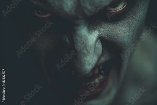 Fototapeta Close-up of a monstrous face with pale skin, menacing eyes, and bared teeth, conveying fear and dread in the shadowy darkness.