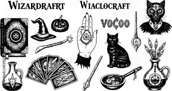 Fototapeta Big collection of wizardry elements for magic rituals or tarot deck, book, cat hand Witch with stone of prediction. Halloween witchcraft and sorcery things magician and voodoo hand drawn engraved