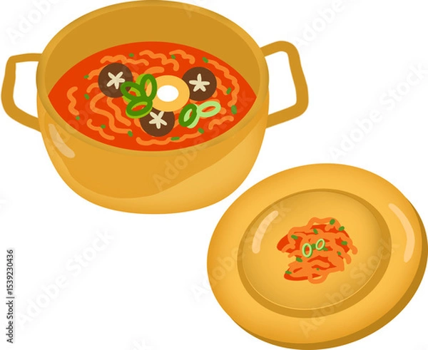 Obraz 냄비,양은냄비,조리도구,도자기,라면,국물,요리,탕,전골,식당,주방,버섯,식당,한국메뉴,한국식당,한국요리,한국찌개.찌개,된장찌개,라면,순두부찌개,