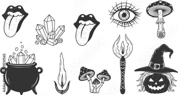 Fototapeta Big collection of wizardry elements for magic rituals or tarot deck, cauldron and crystals tongue, dead eye, mushrooms Halloween different witchcraft and sorcery tmagician and voodoo hand drawn
