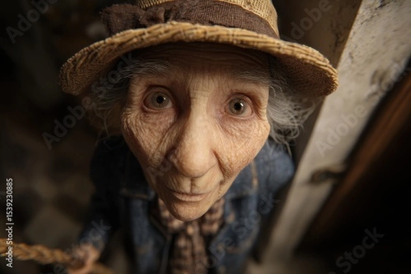Fototapeta Intense close-up of an elderly woman wearing a straw hat, her wrinkled face and piercing eyes create a sense of lived experience.