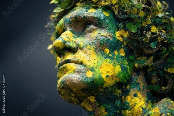 Fototapeta Statue: Green and Yellow Painted Bust with Leaf Crown. Eye looks to the upper-right in a thoughtful expression. Earthy tones.