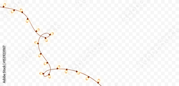 Obraz Lights bulbs for corner isolated on transparent background. Glowing fairy Christmas garland string. Vector New Year party led lamps decoration