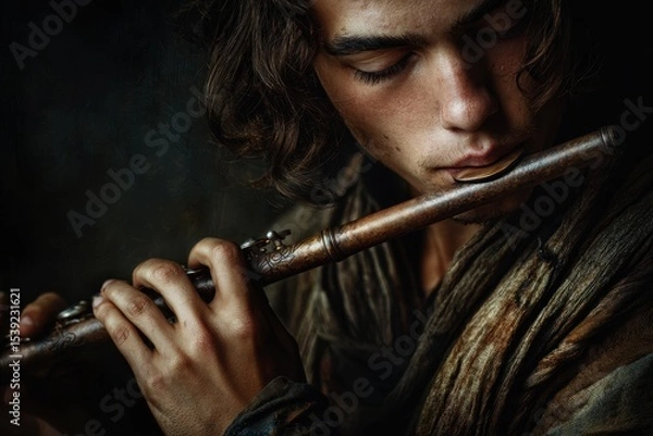 Fototapeta Young man playing a flute, eyes closed, bathed in dramatic lighting. The musician is fully immersed in the music, and isolated from the world.