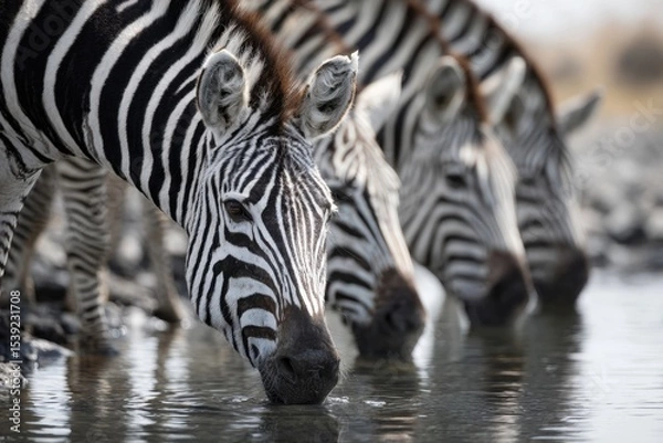 Fototapeta A trio of zebras gracefully drinks from a still body of water, their reflections shimmering on the surface in this striking wildlife scene.