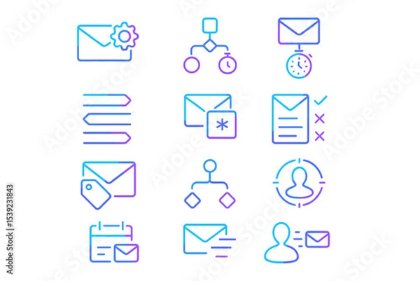 Fototapeta Neon email and workflow icons in blue and purple light on dark background