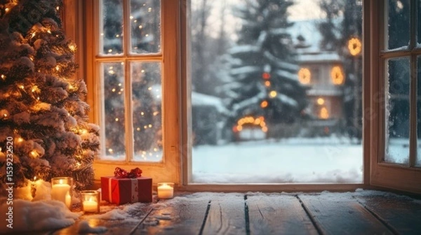 Fototapeta Cozy Christmas scene by window with snow