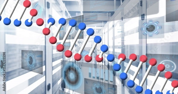 Obraz Showing DNA helix in lab corridor, with glass-panel racks and holographic circular data screens