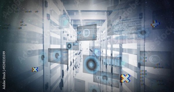 Obraz Hovering holographic screens lighting data center aisle, with server racks and overhead cable trays
