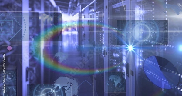 Fototapeta Glowing server cabinets forming narrow data center corridor, displaying holographic UI elements