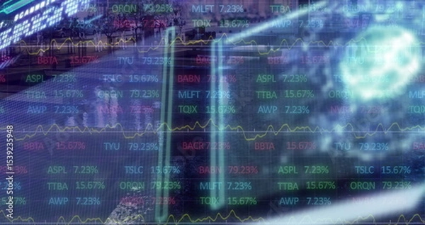 Obraz Displaying stock tickers and percentages with yellow line charts on glass inside finance office