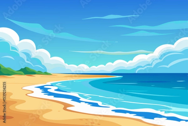 Fototapeta A beautiful tropical island paradise where the blue ocean waves meet the sandy beach under a sunny sky with soft clouds on the horizon