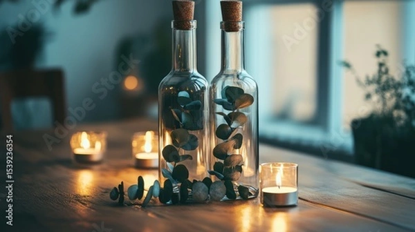 Fototapeta Two glass bottles, cork tops, filled with eucalyptus sprigs, sit on a wooden table with candles